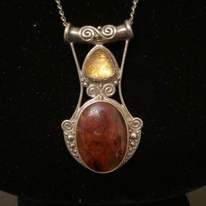 Sajen Rust-Brown Quartz, Yellow Gemstone & Sterling Silver Pendant, 1.75"